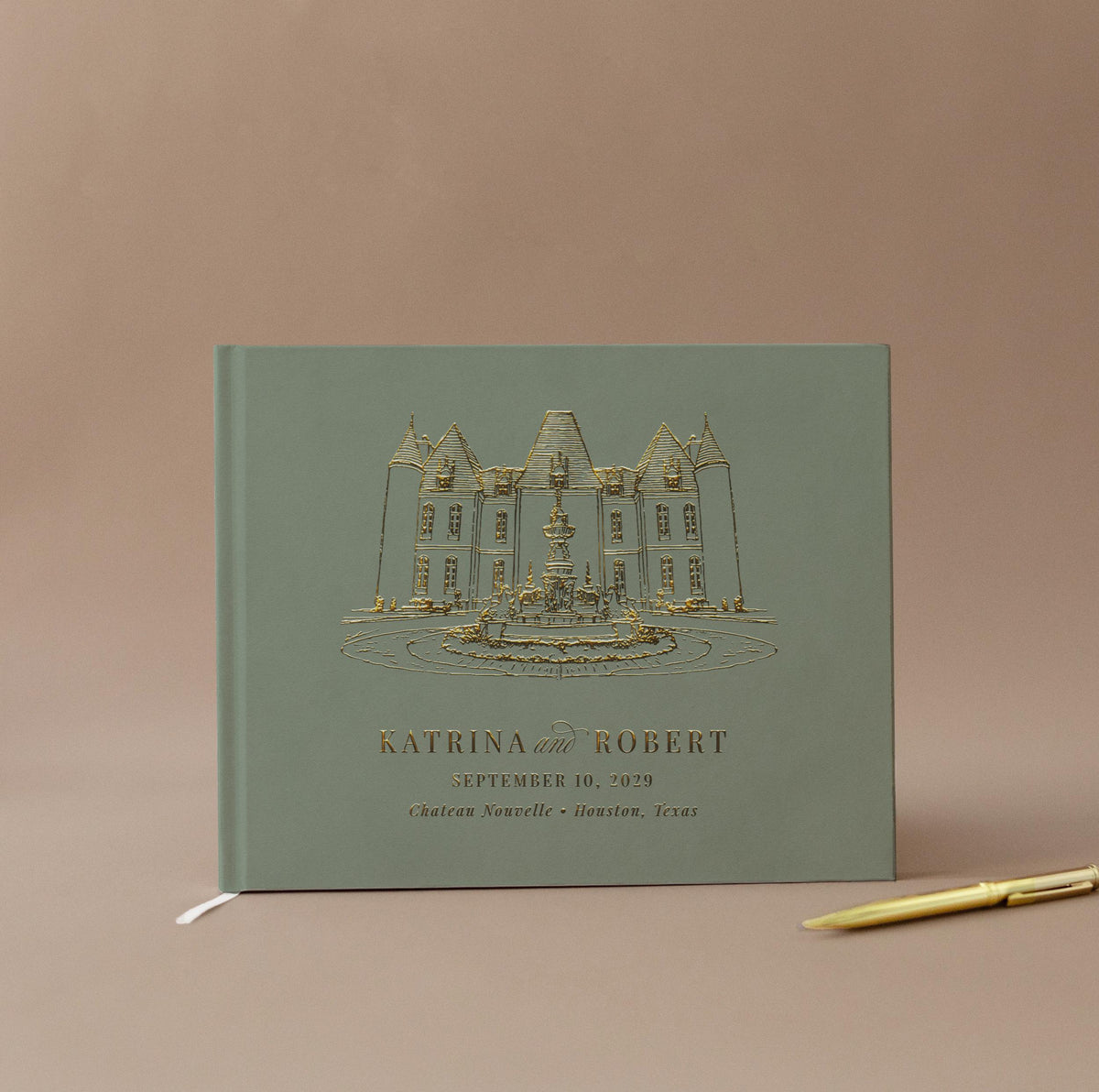 Wedding Guest Book Custom Venue Illustration Personalized Hardcover Guestbook Gold Foil Wedding Venue Drawing Keepsake