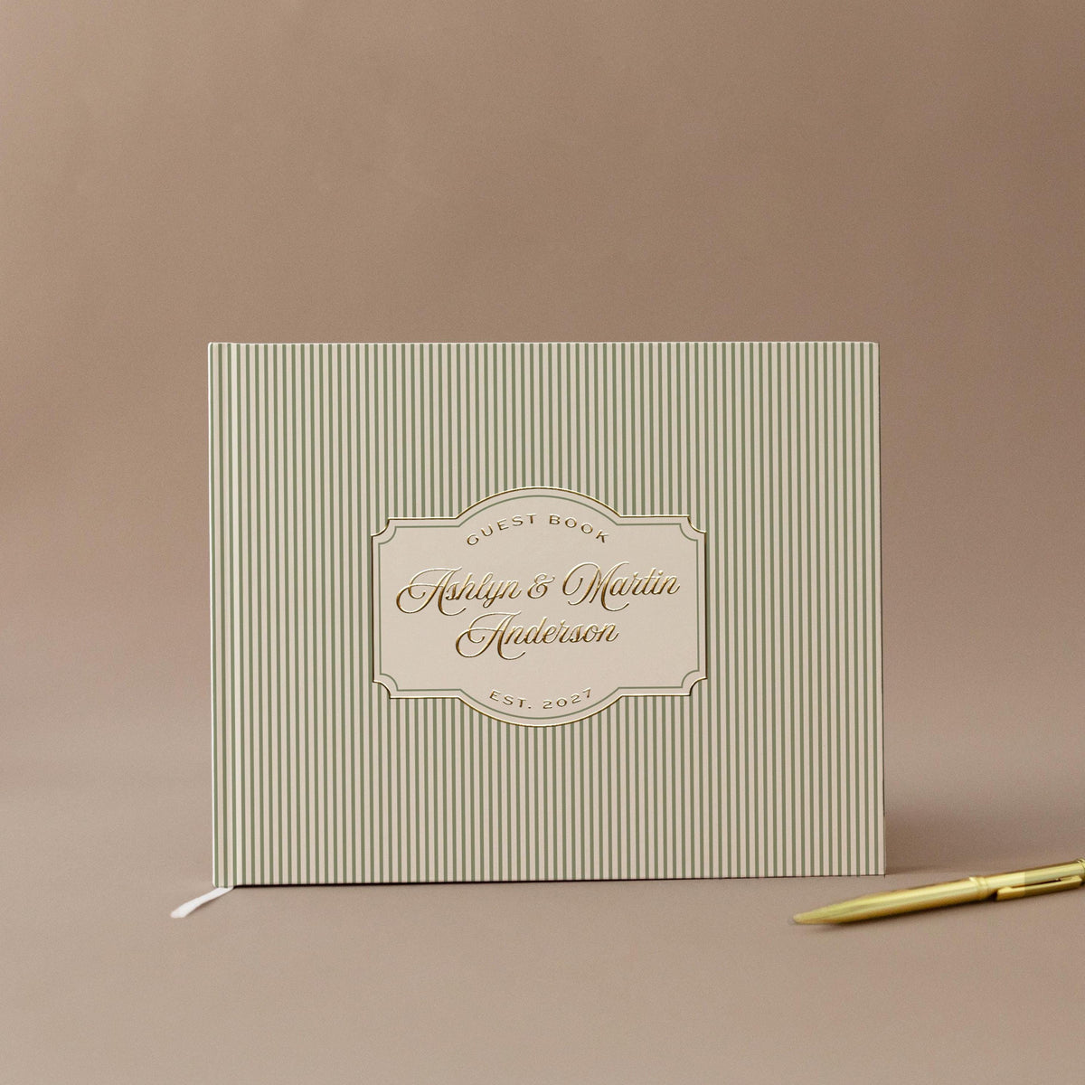 vintage sage green pinstriped guest book