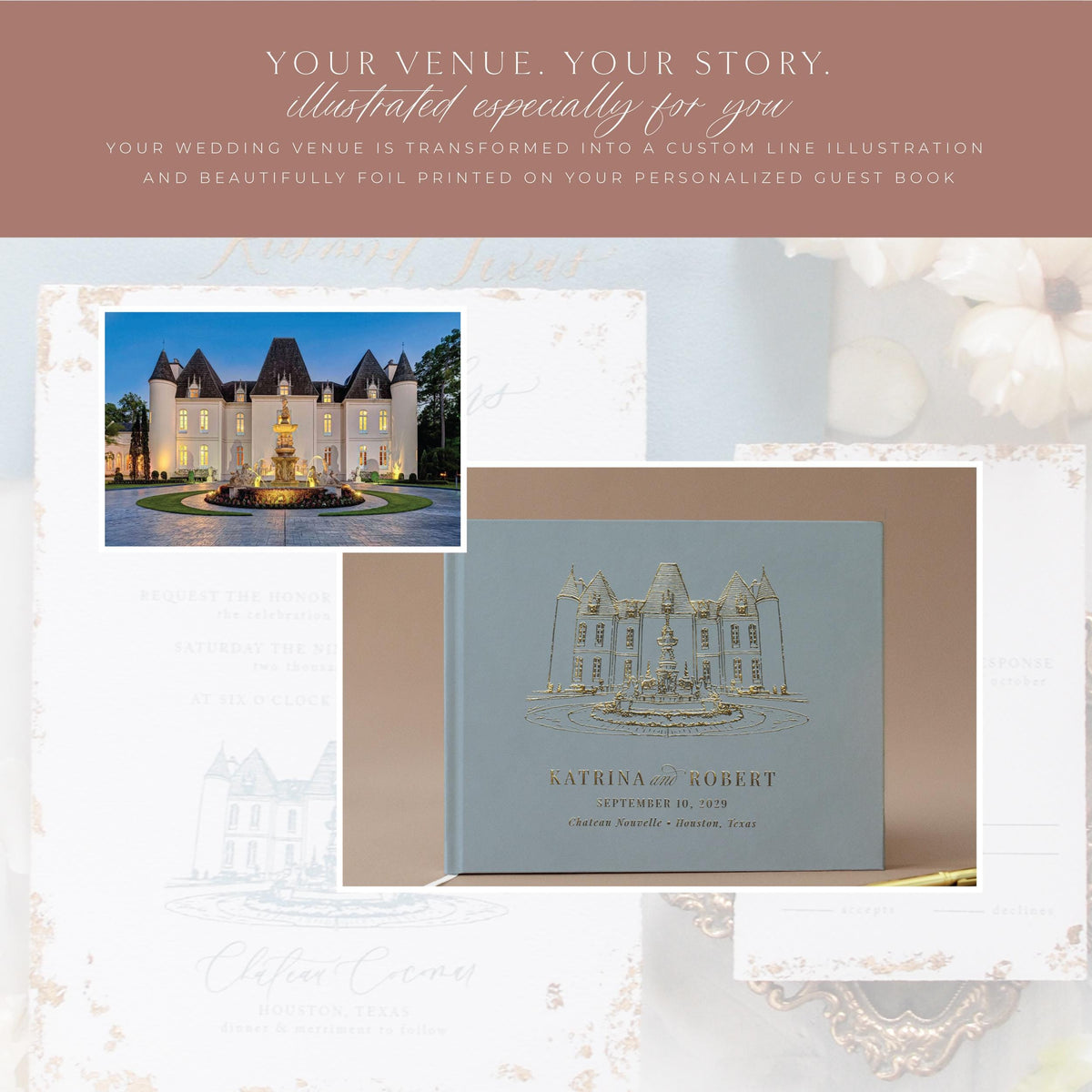 Custom Wedding Guest Book Personalized Wedding Venue Guest Book Gold Foil Wedding Venue Drawing Keepsake Wedding Gift for Couple