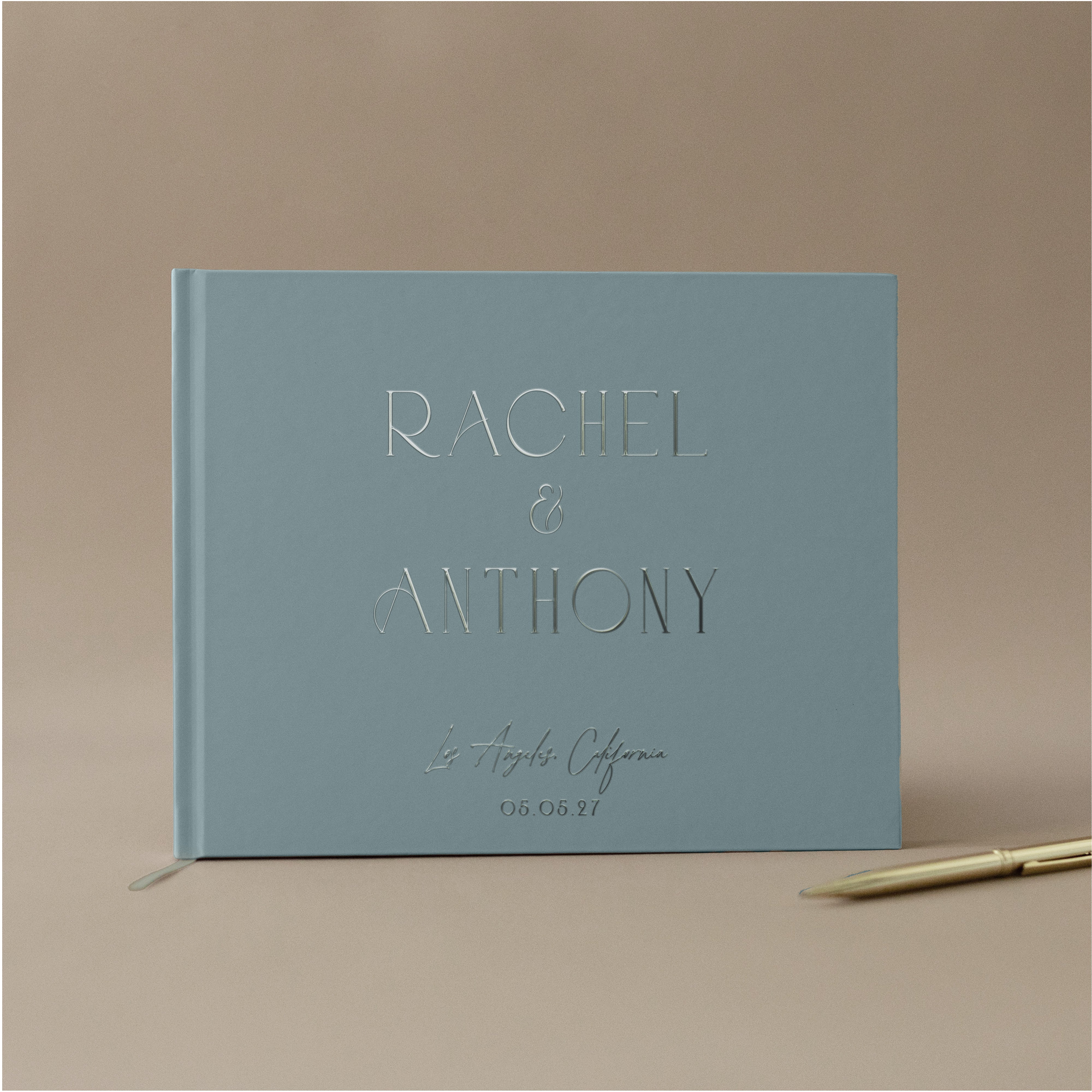 Personalized Wedding Guest Book Modern Dusty Blue and Silver Foil