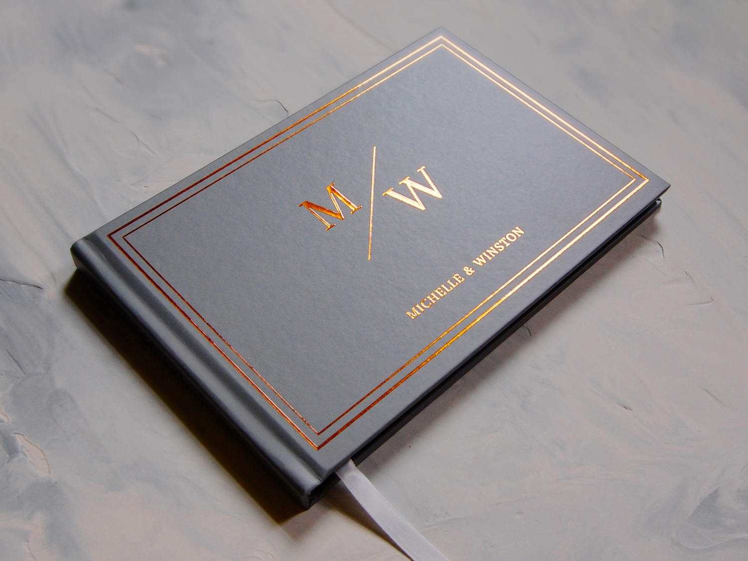 Ultra Clean, Minimalistic Grey and Copper Foil Wedding Guest Book