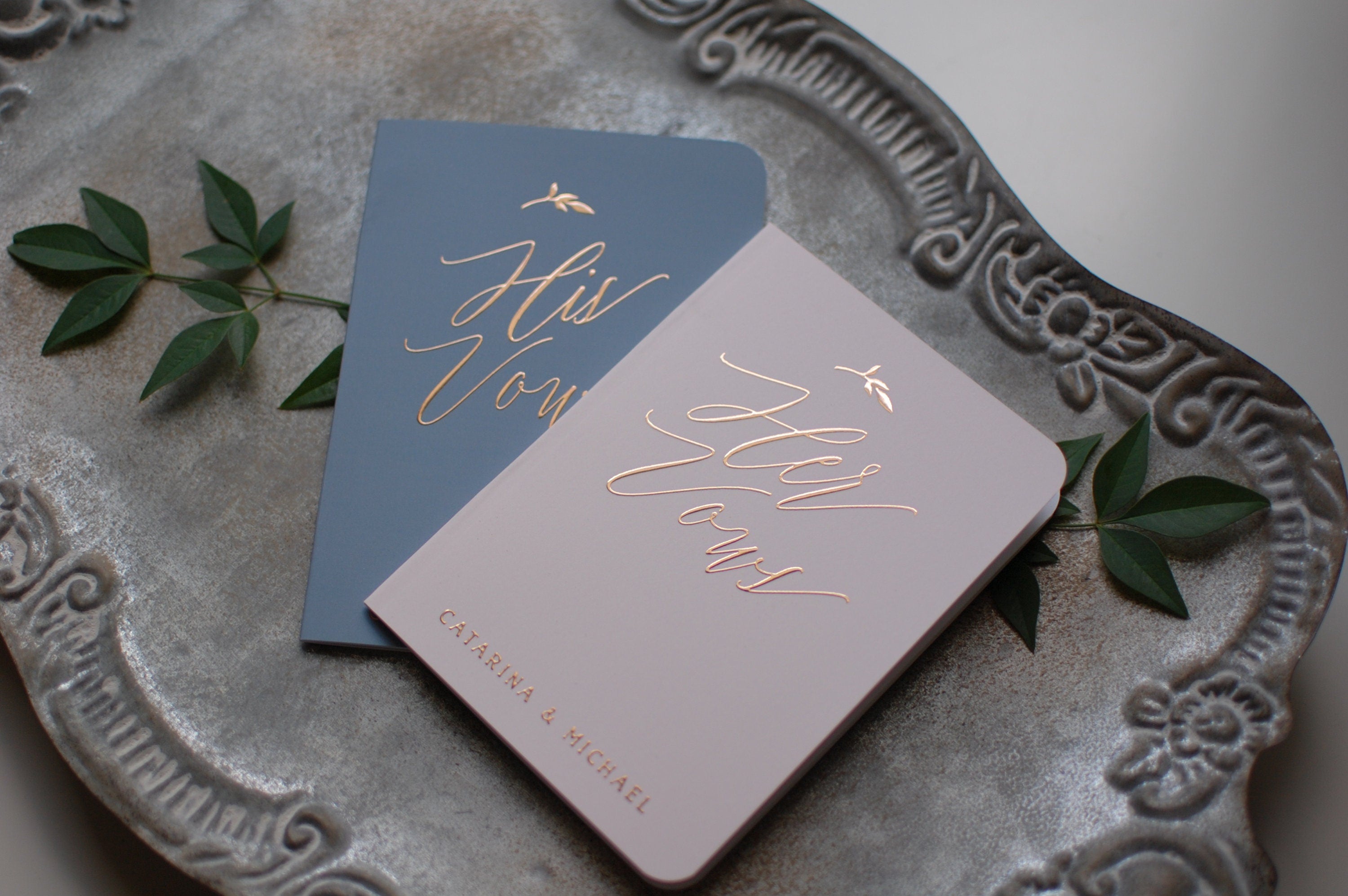 Mismatched Personalized Wedding Vow Books, Blush Wedding Vow Booklets, Rose Gold Vow Book Set, Dusty Blue Vow Books