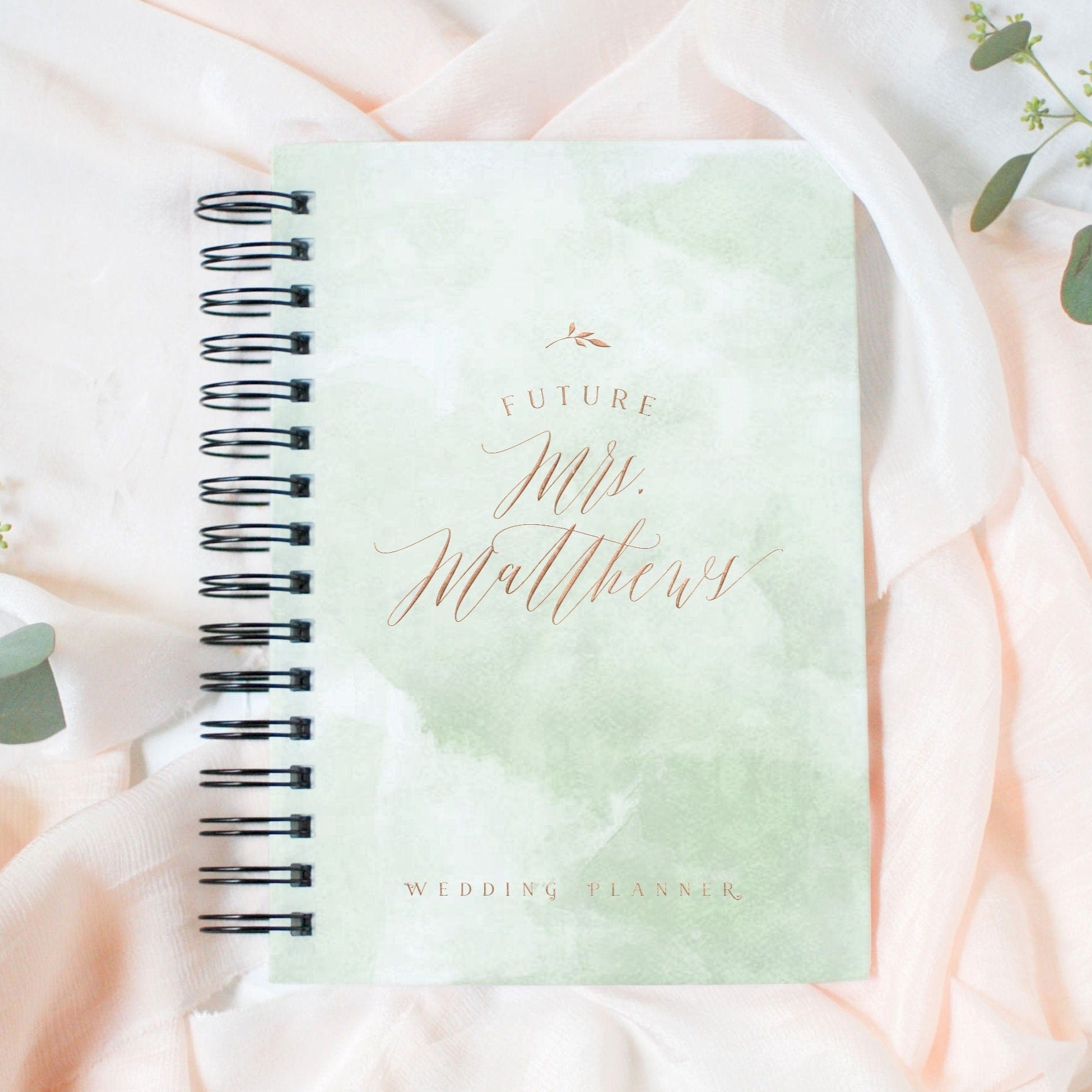 Personalized Sage Green Watercolor Wedding Planner Book